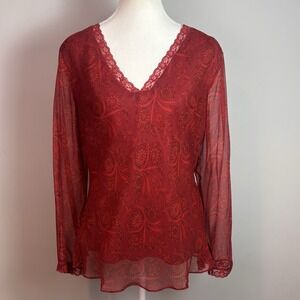 VTG ICE Y2K Red Silk Paisley Lace Trim Sheer Sleeve Boho Fairy Blouse 1X Lined